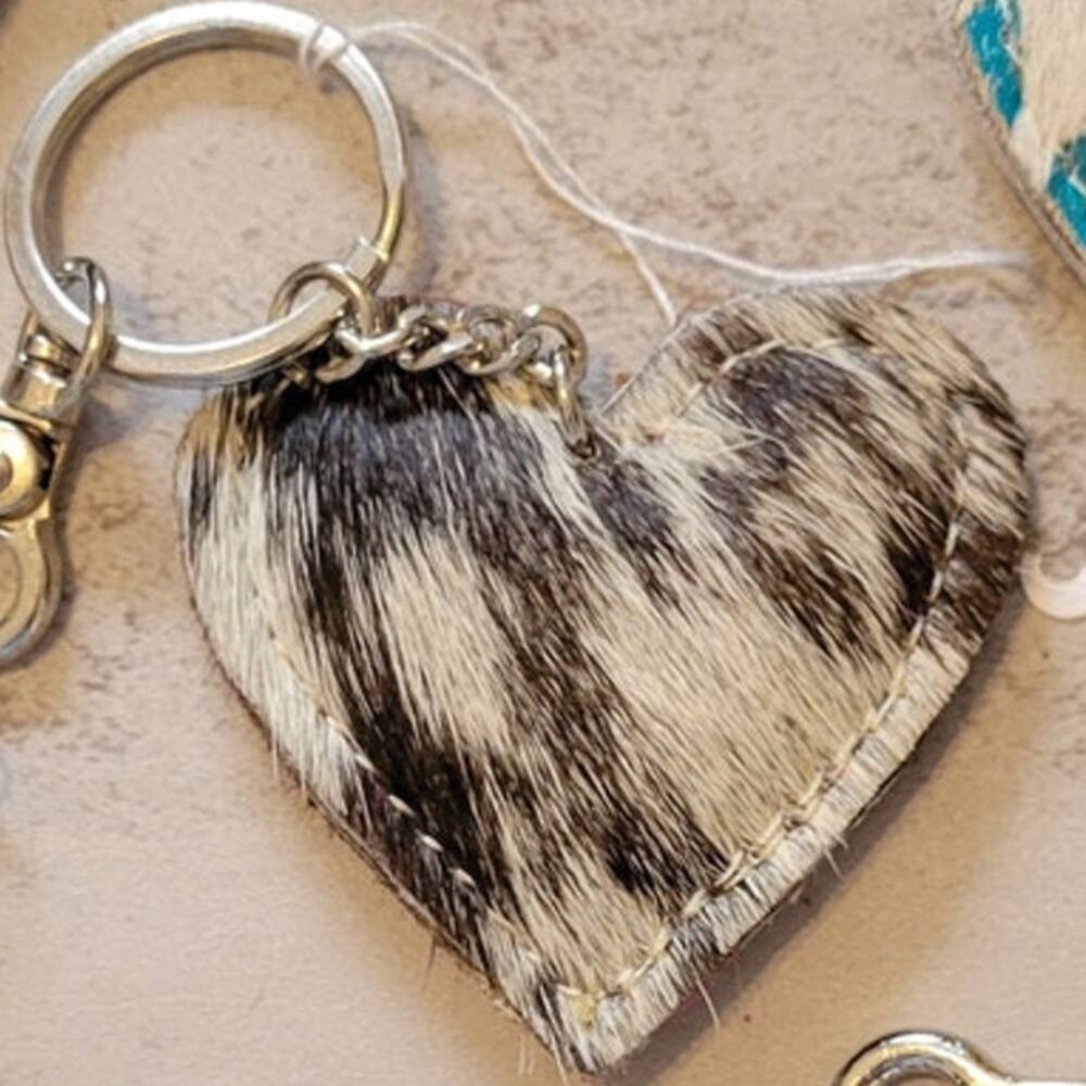 Cowhide Heart Keychain Black White Bag Charm